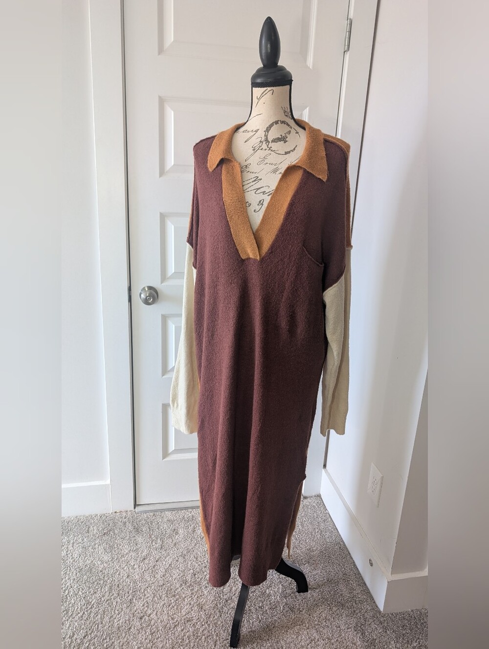 Easel Brown and Cream Colorblock Knit Polo Dress Oversized L
